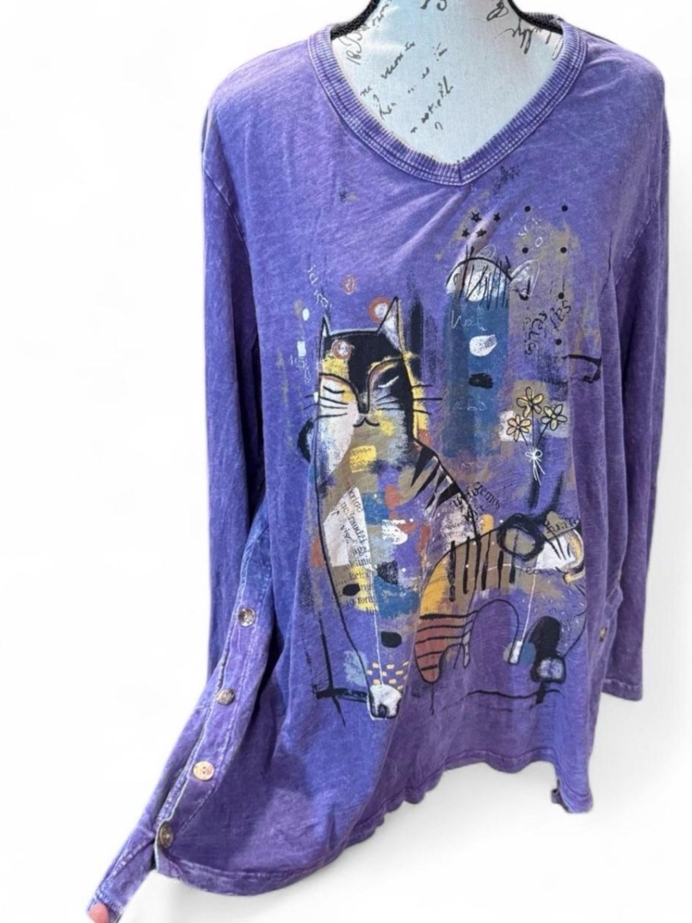 Jess & Jane Purple Cat Kitten Cotton Tunic Shirt Mineral Wash Artsy USA Made XL
